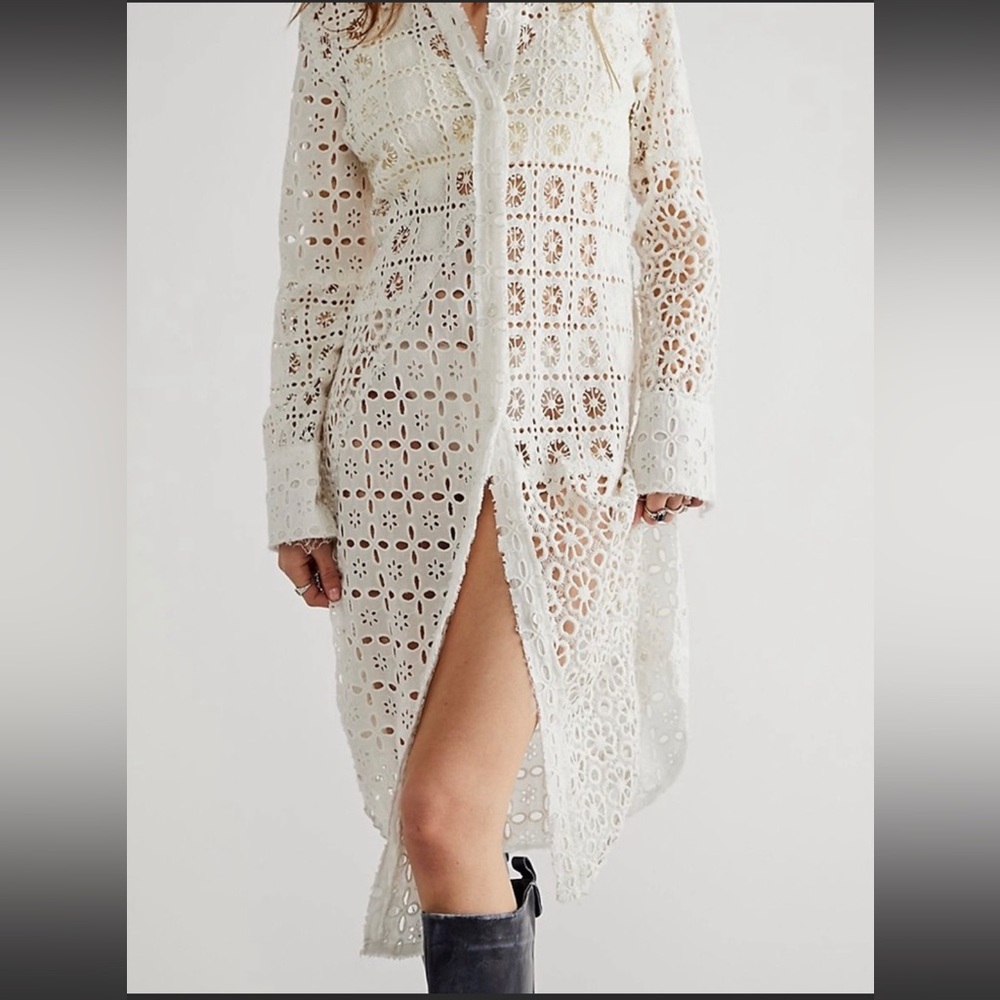 NWT Free People Women's White One Yesenia Floral Lace Crochet ButtonMaxi Top NWT